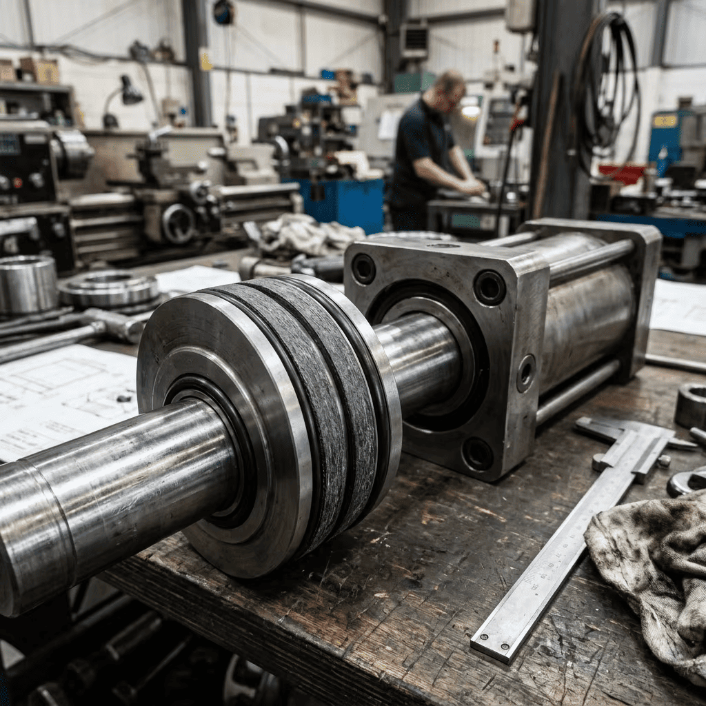 Reinforced high-tensile wear bands on hydraulic piston for side-load protection 