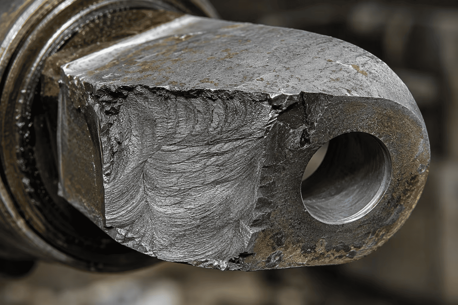 Macro photography of fish-scale fatigue crack on hydraulic cylinder mounting ear