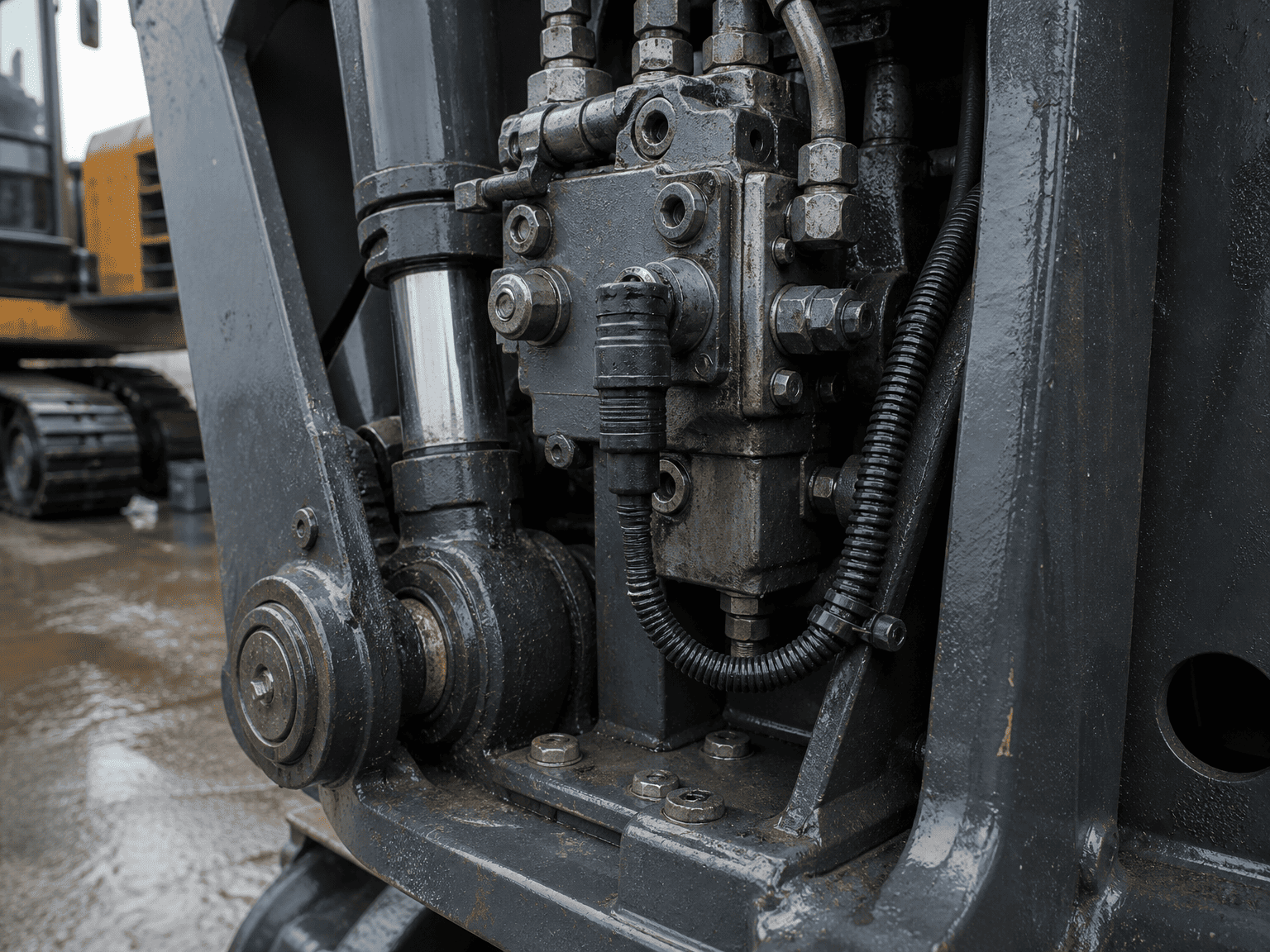 rugged hydraulic sensor connector and protected cable routing on off-highway equipment