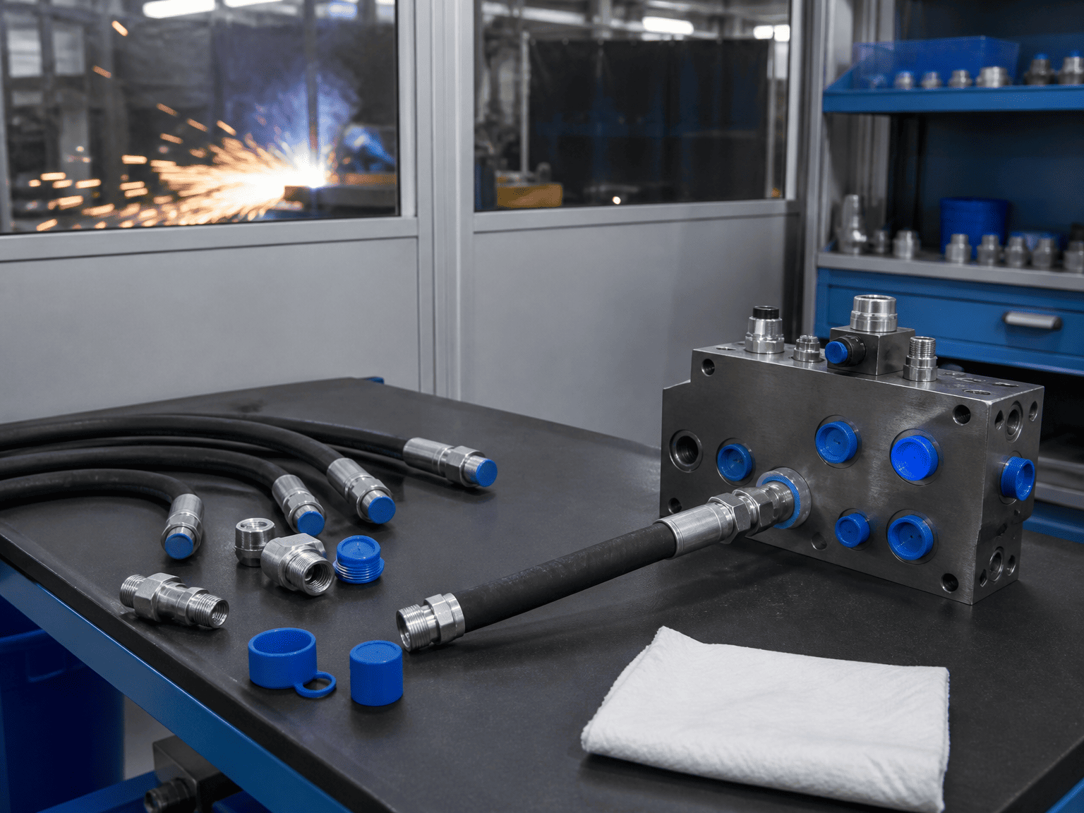 clean hydraulic hose assembly with capped ports and protected manifold connections