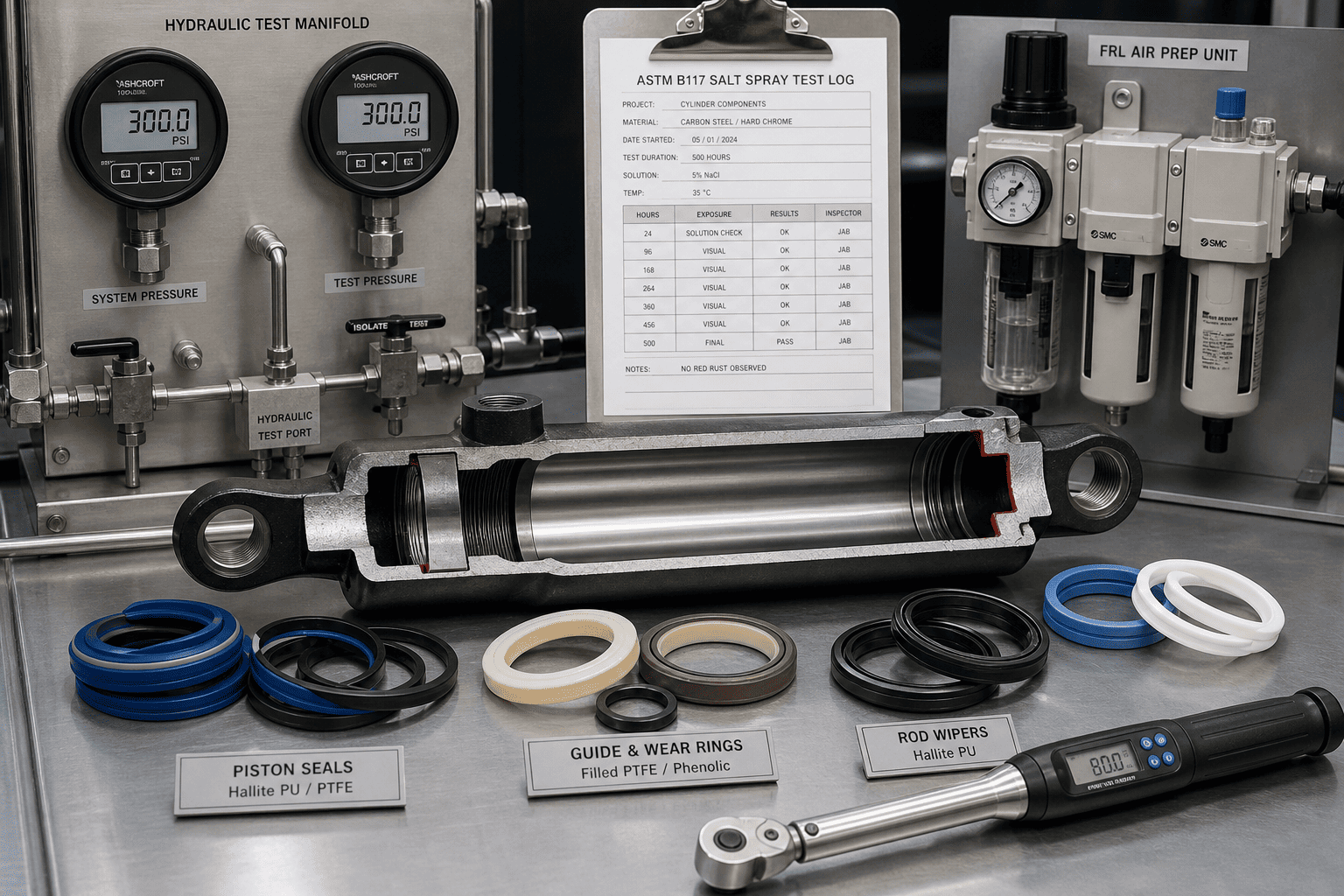 HCIC hydraulic cylinder quality inspection bench with Hallite seals chrome plating and pressure test manifold
